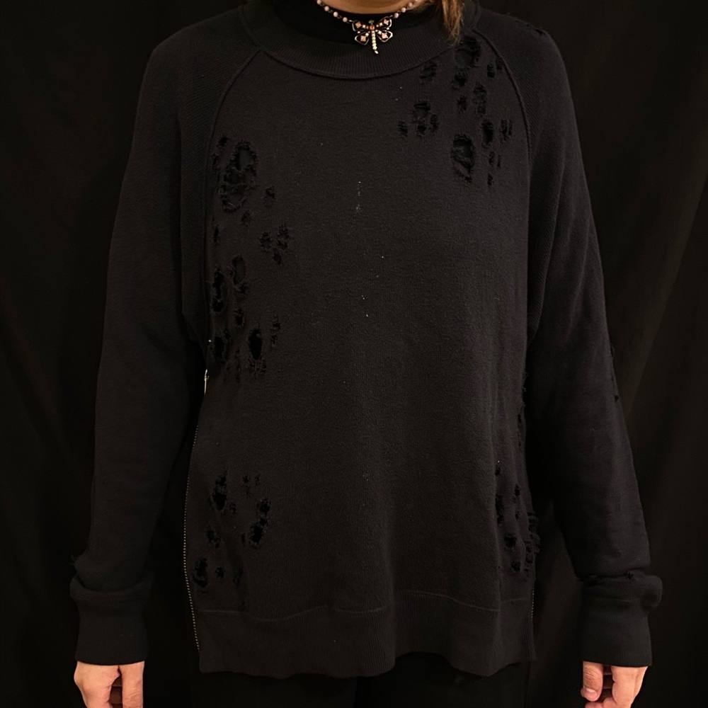R13 denim shredded black sweatshirt.